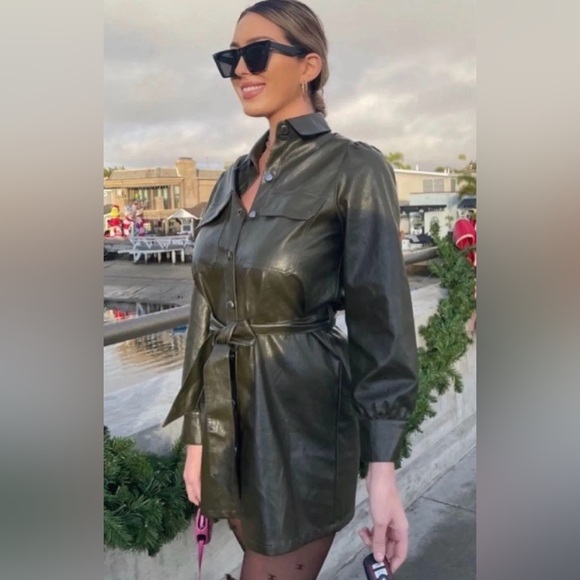 NWT ZARA Khaki Faux Leather Button Down Mini Dress - Picture 1 of 16